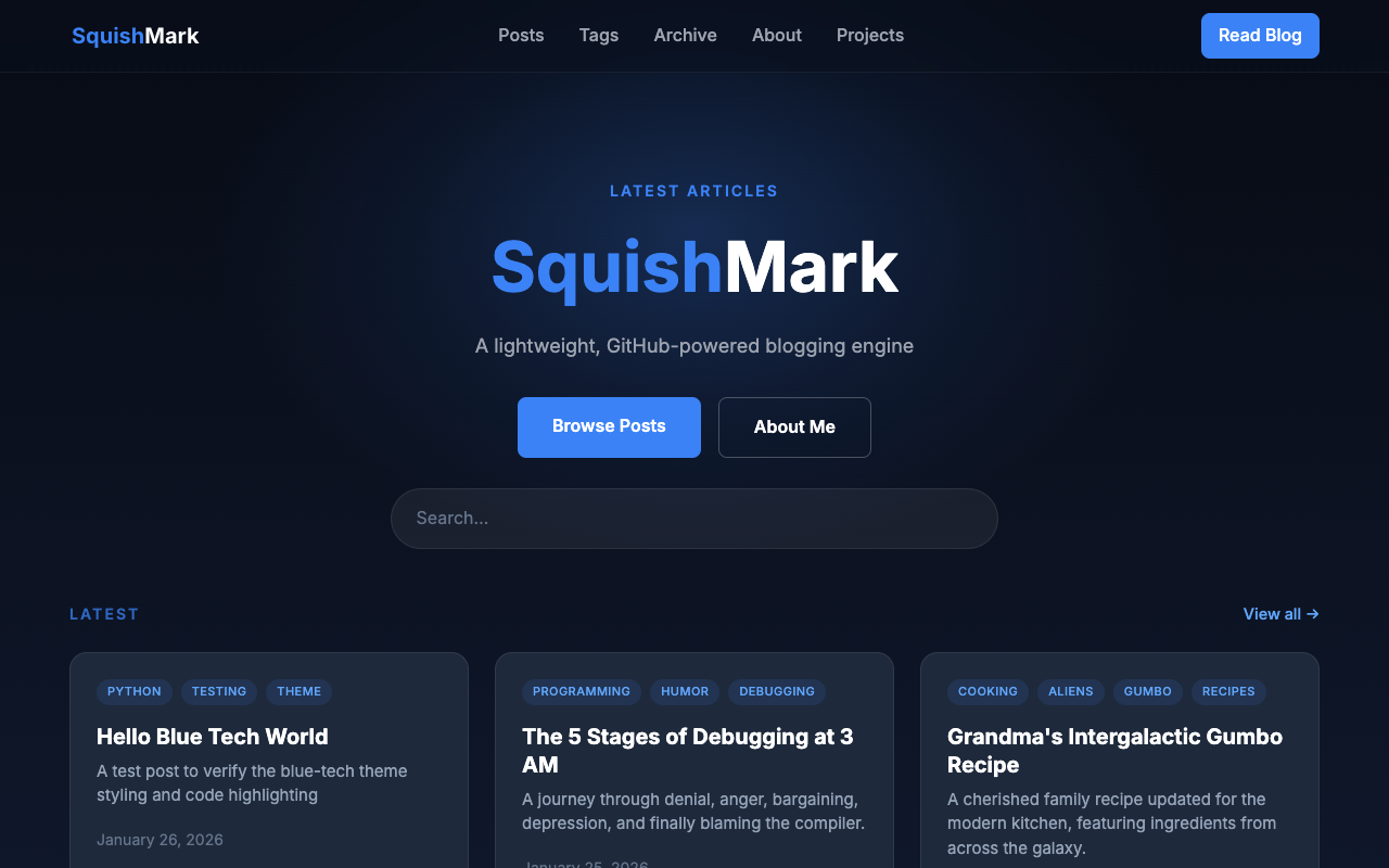 The blue-tech theme's landing page